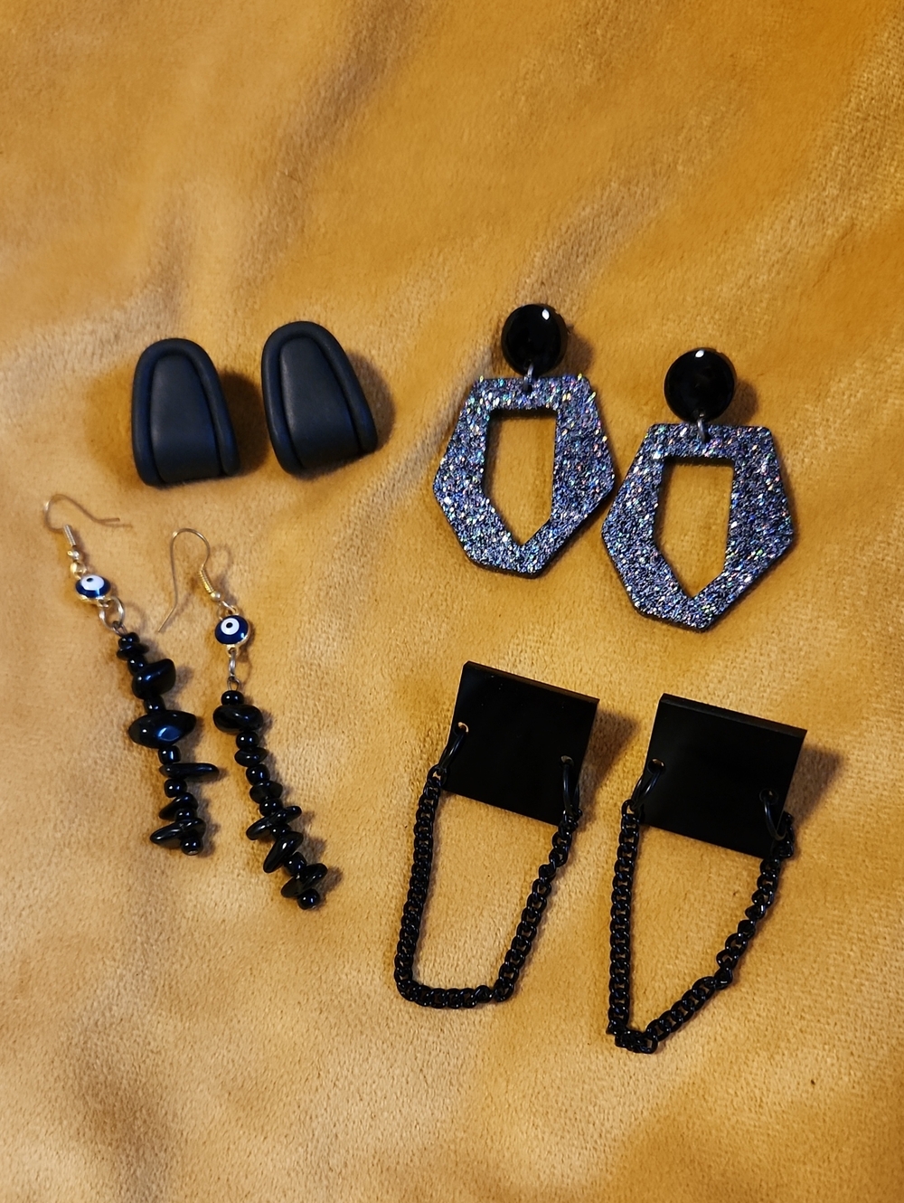 Punk Girly Goth Earring Set- Clay, Acrylic, Chain, Beaded Evil Eye